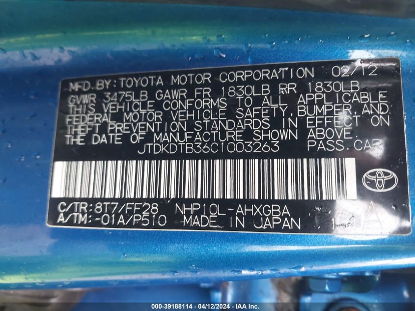 JTDKDTB36C1003263 | 2012 TOYOTA PRIUS C