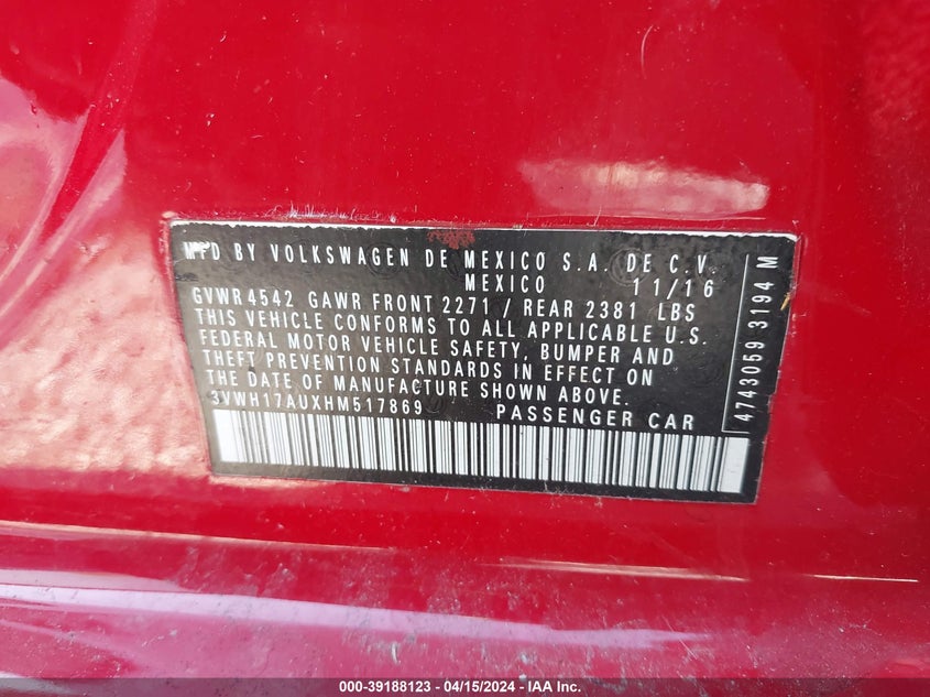 2017 VOLKSWAGEN GOLF ALLTRACK TSI S/TSI SE/TSI SEL - 3VWH17AUXHM517869