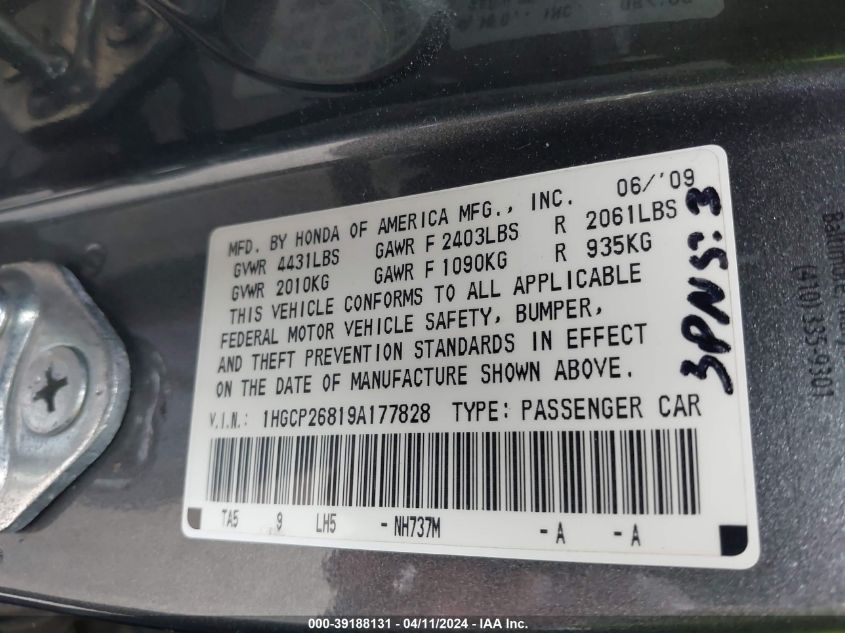 1HGCP26819A177828 | 2009 HONDA ACCORD