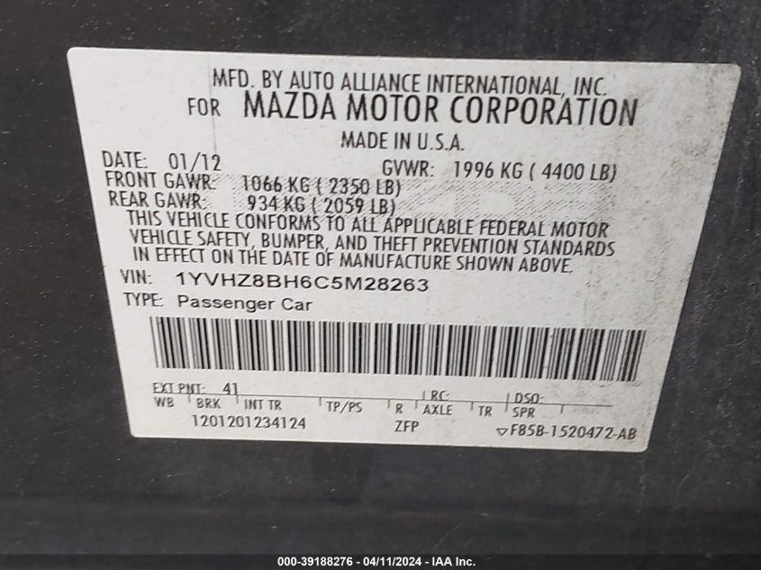 1YVHZ8BH6C5M28263 | 2012 MAZDA MAZDA6