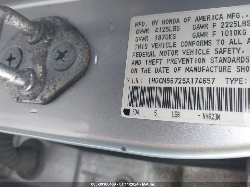 1HGCM56725A174657 | 2005 HONDA ACCORD