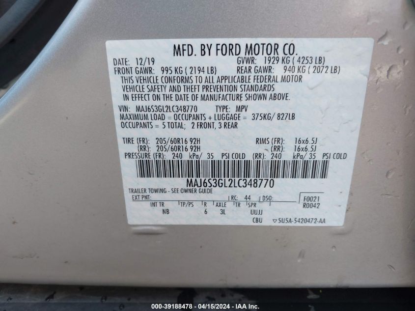 2020 Ford Ecosport Se VIN: MAJ6S3GL2LC348770 Lot: 39188478