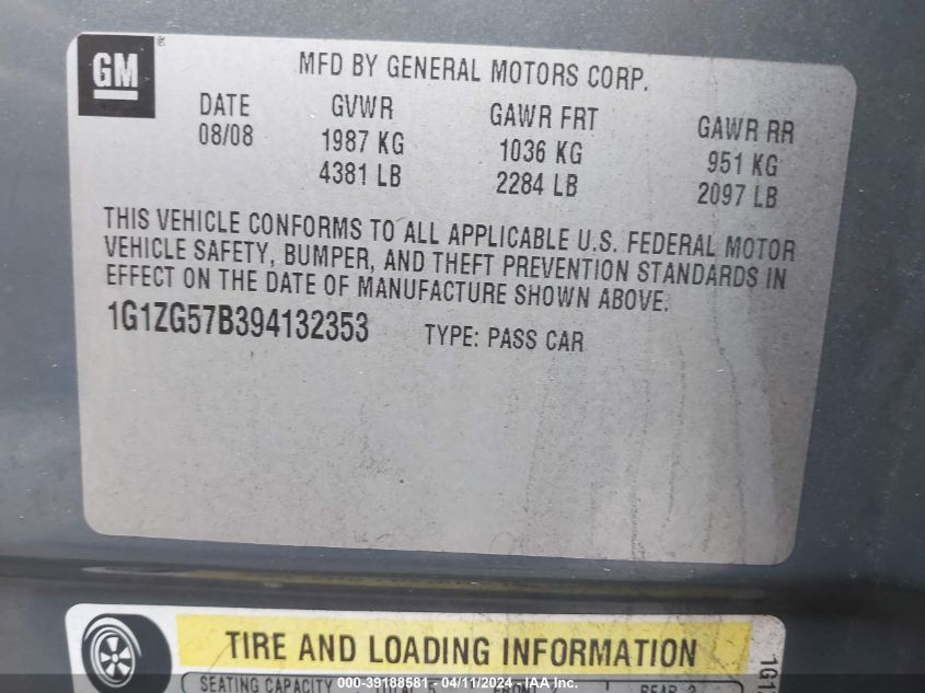 1G1ZG57B394132353 | 2009 CHEVROLET MALIBU