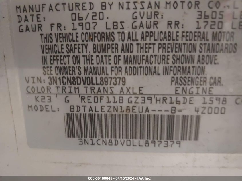 3N1CN8DV0LL897379 2020 Nissan Versa S Xtronic Cvt