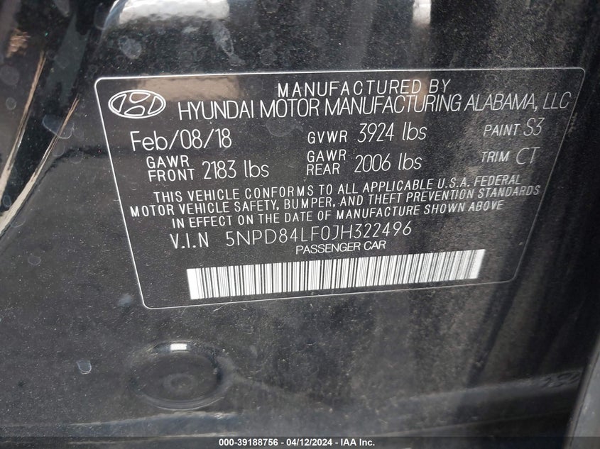 VIN 5NPD84LF0JH322496 2018 HYUNDAI ELANTRA SEL
