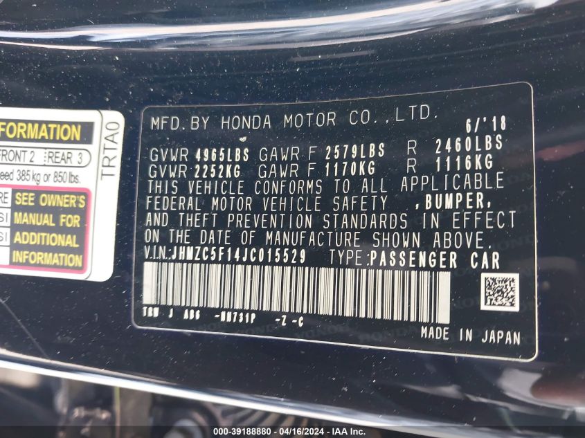 JHMZC5F14JC015529 2018 Honda Clarity Plug-In Hybrid