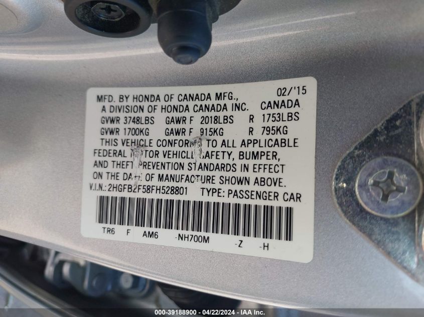 2HGFB2F58FH528801 2015 Honda Civic Lx