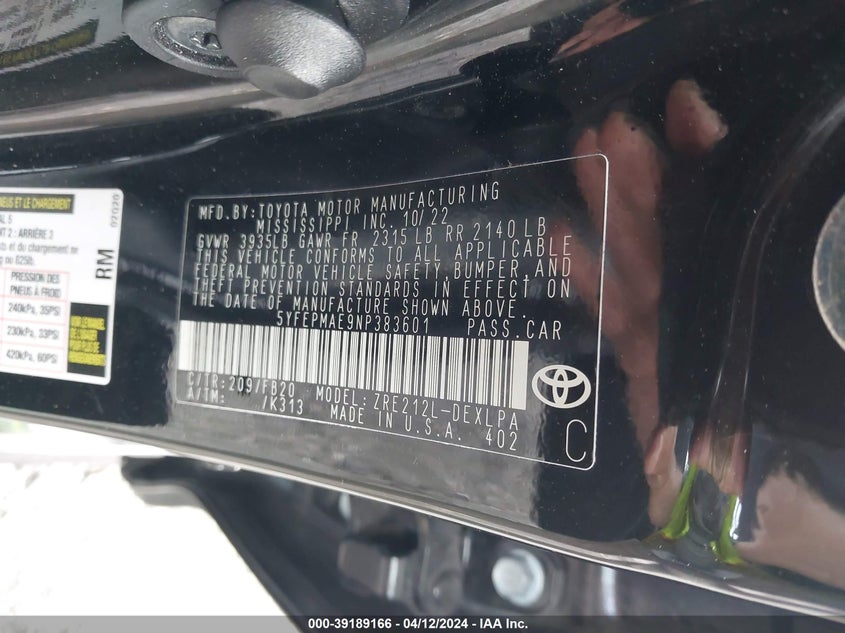 2022 TOYOTA COROLLA 1.8L I-4 DOHC, VVT, (VIN: 5YFEPMAE9NP383601