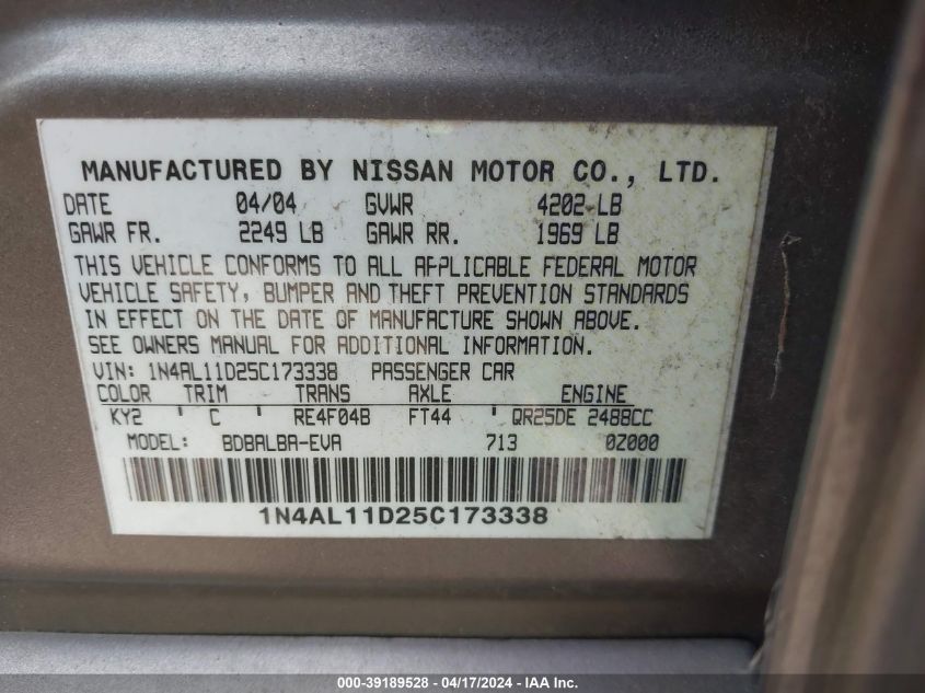 1N4AL11D25C173338 | 2005 NISSAN ALTIMA