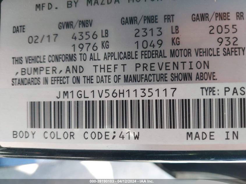 2017 MAZDA MAZDA6 TOURING - JM1GL1V56H1135117