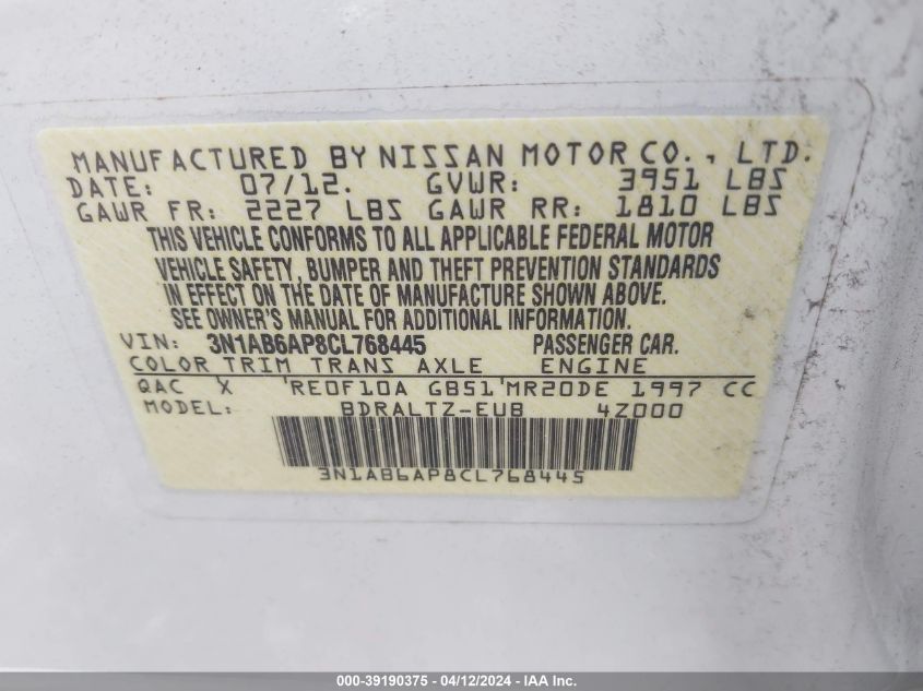 3N1AB6AP8CL768445 | 2012 NISSAN SENTRA