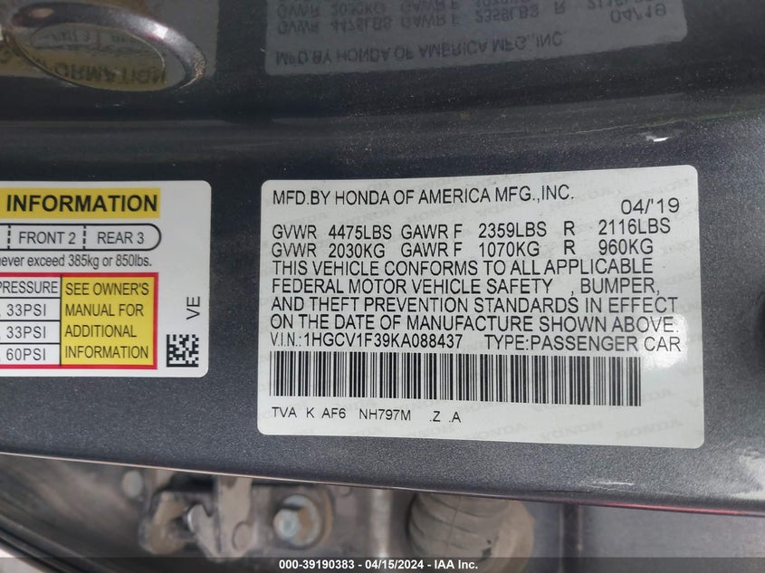 2019 HONDA ACCORD SPORT - 1HGCV1F39KA088437