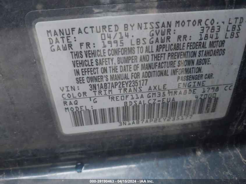 3N1AB7AP2EY235177 | 2014 NISSAN SENTRA