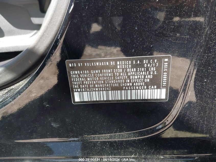 2017 VOLKSWAGEN JETTA 1.4T S - 3VW2B7AJ2HM369242