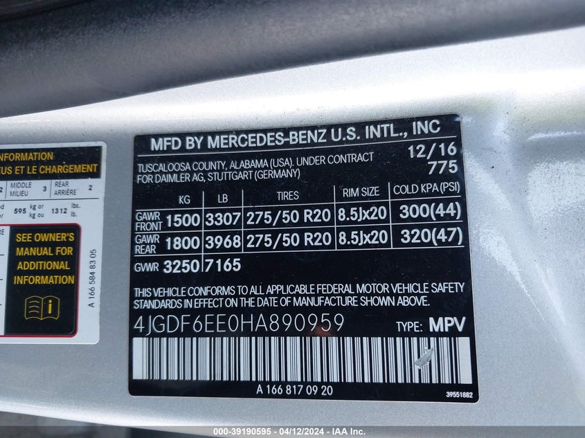 VIN 4JGDF6EE0HA890959 2017 MERCEDES-BENZ GLS 450 450 4MATIC