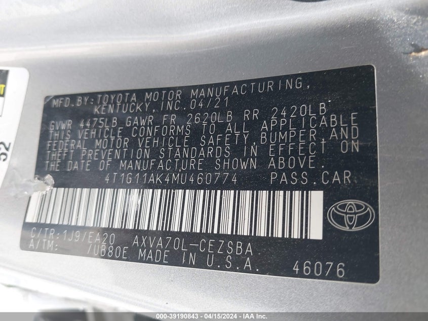 2021 TOYOTA CAMRY SE/SE NIGHT SHADE - 4T1G11AK4MU460774