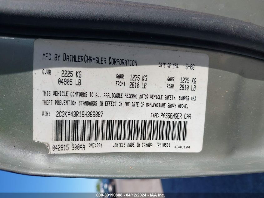 2C3KA43R16H366887 | 2006 CHRYSLER 300