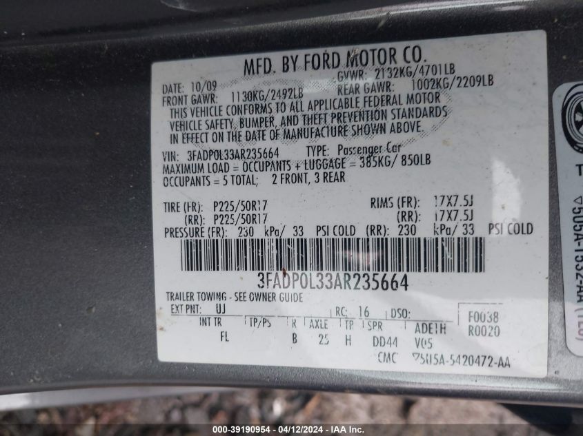 3FADP0L33AR235664 | 2010 FORD FUSION HYBRID