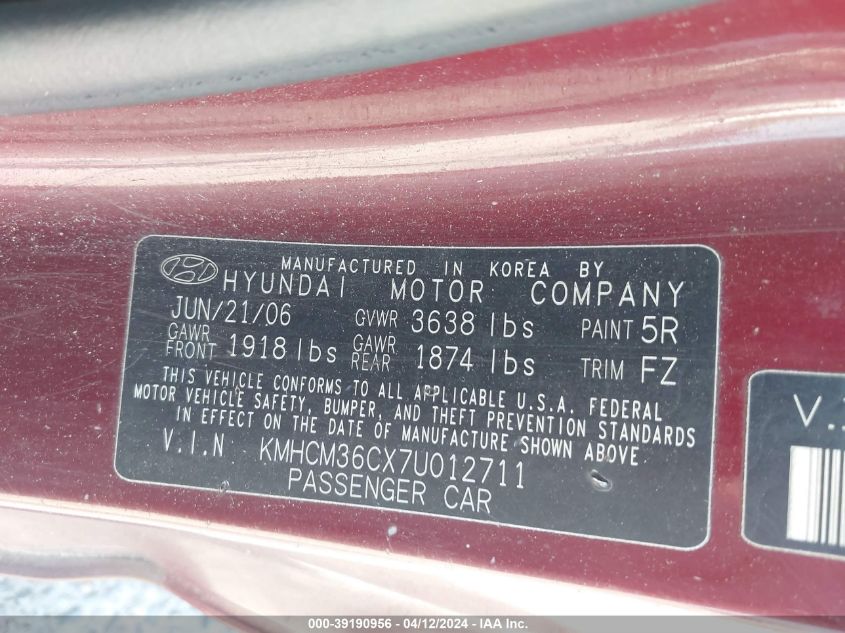 KMHCM36CX7U012711 | 2007 HYUNDAI ACCENT