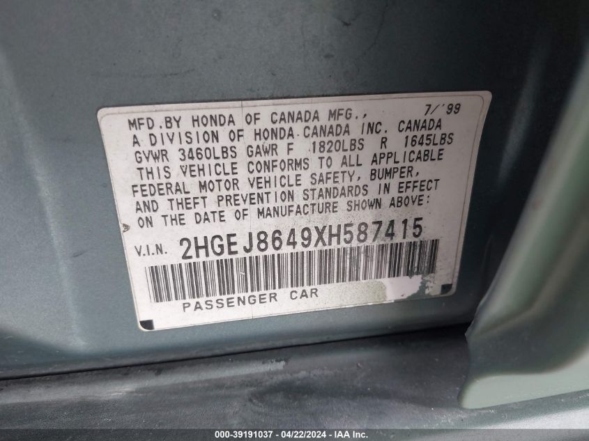 1999 Honda Civic Ex VIN: 2HGEJ8649XH587415 Lot: 39191037