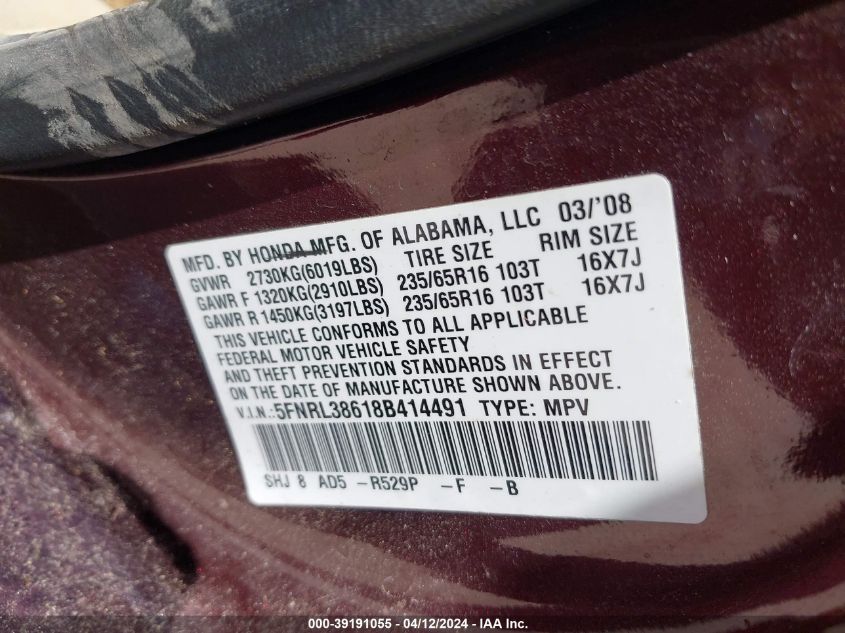 2008 Honda Odyssey Ex-L VIN: 5FNRL38618B414491 Lot: 39191055