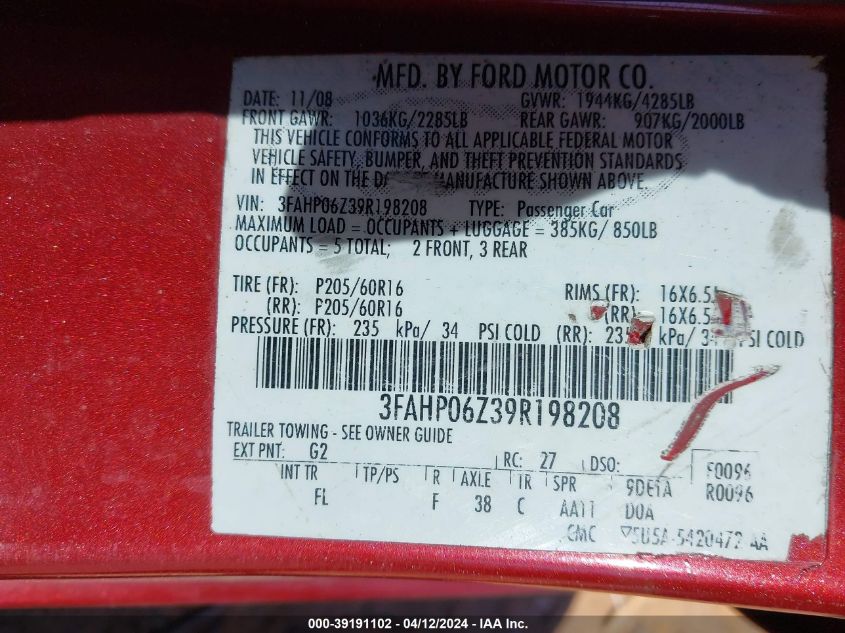 3FAHP06Z39R198208 | 2009 FORD FUSION