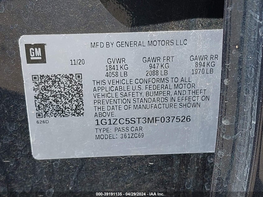 2021 CHEVROLET MALIBU FWD 1FL - 1G1ZC5ST3MF037526