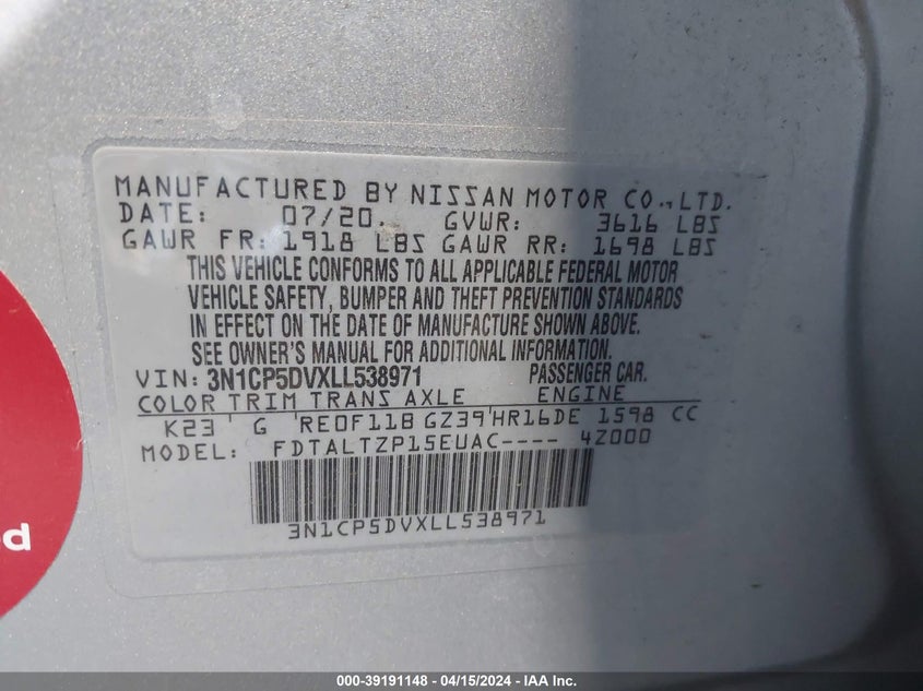 VIN 3N1CP5DVXLL538971 2020 NISSAN KICKS SR