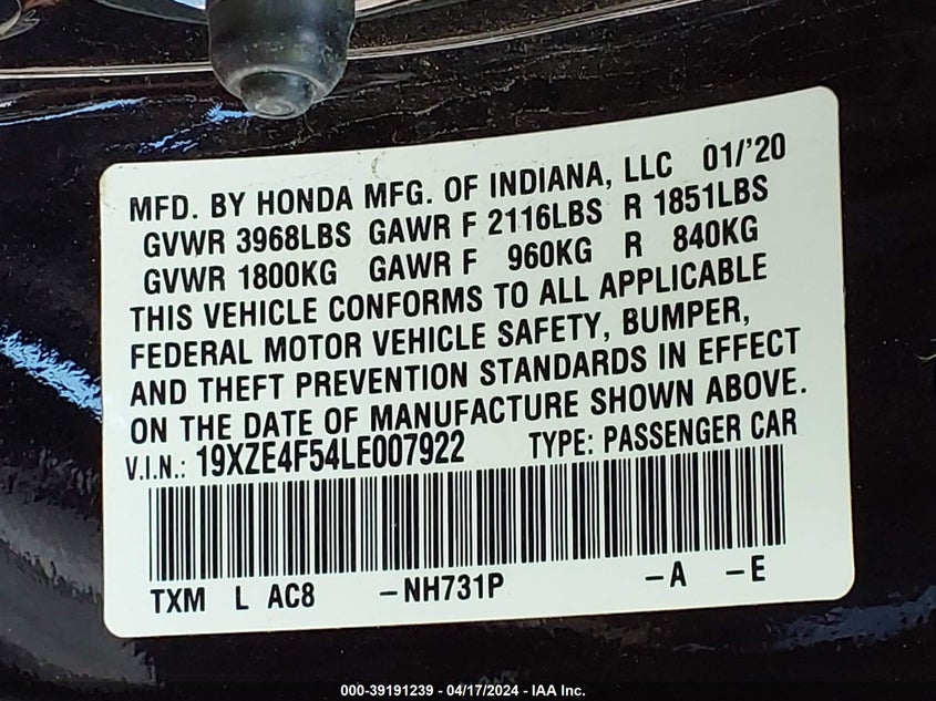 VIN 19XZE4F54LE007922 2020 HONDA INSIGHT EX