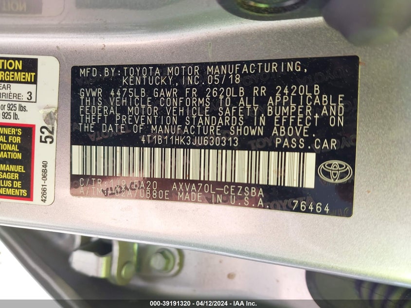 2018 TOYOTA CAMRY L/LE/XLE/SE/XSE - 4T1B11HK3JU630313