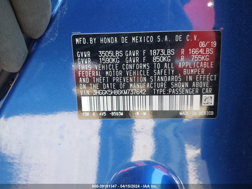 2019 HONDA FIT EX - 3HGGK5H86KM737642