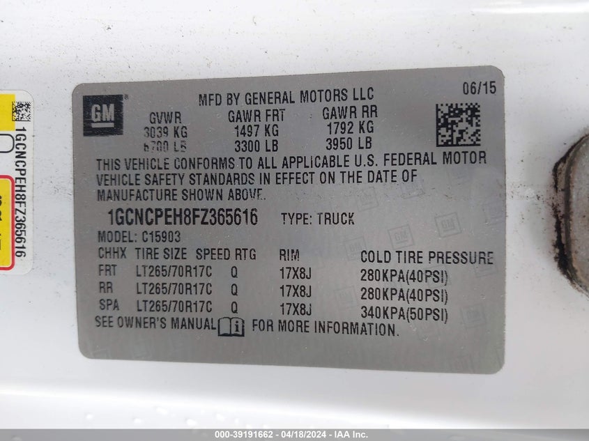 2015 CHEVROLET SILVERADO 1500 WT - 1GCNCPEH8FZ365616