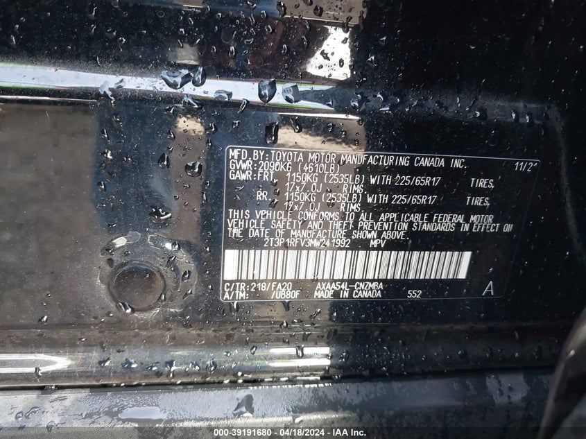 VIN 2T3P1RFV3MW241992 2021 TOYOTA RAV4 XLE/XLE PREMIUM