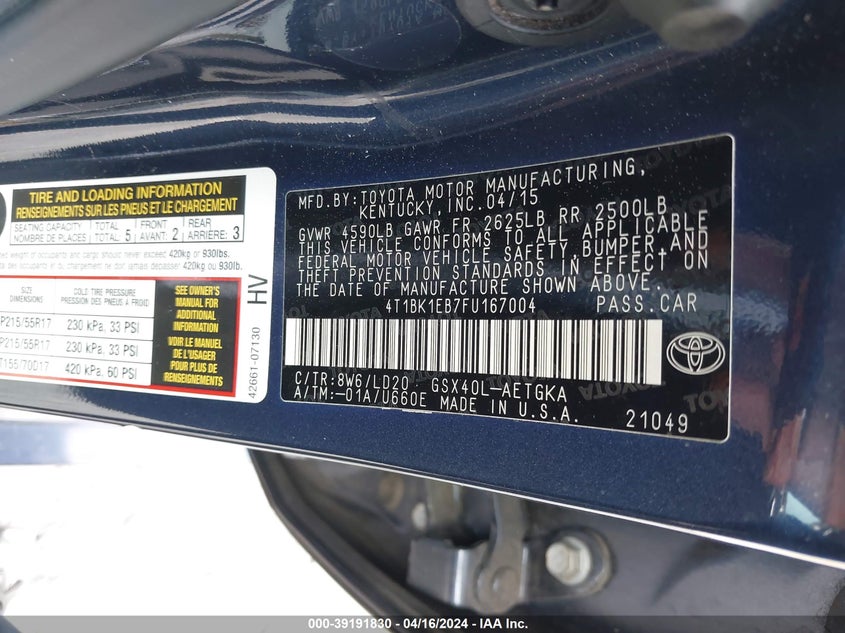 2015 TOYOTA AVALON XLE - 4T1BK1EB7FU167004