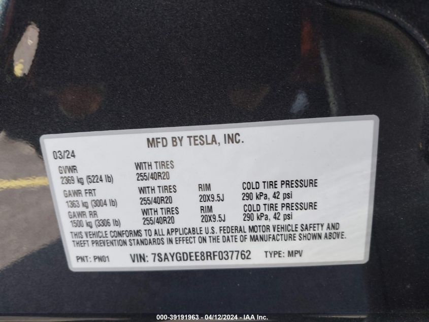 2024 TESLA MODEL Y - 7SAYGDEE8RF037762