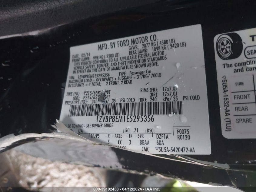 1ZVBP8EM1E5295356 2014 Ford Mustang V6