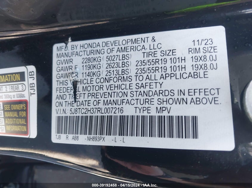 VIN 5J8TC2H37RL007216 2024 ACURA RDX