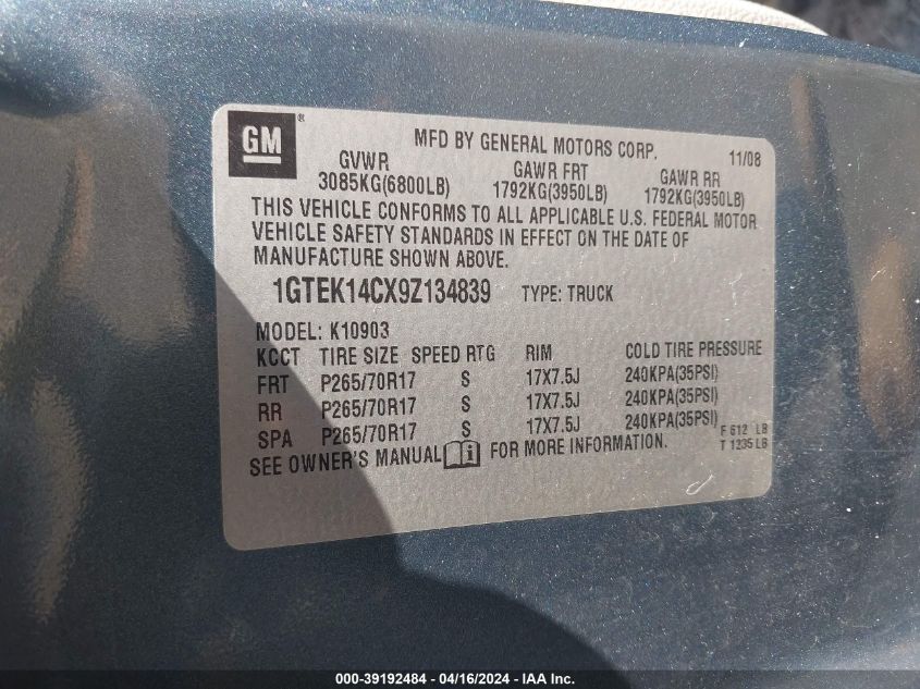 2009 GMC Sierra 1500 Work Truck VIN: 1GTEK14CX9Z134839 Lot: 39192484