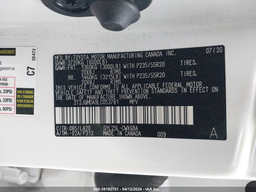 VIN 2T2JGMDA9LC053781 2020 LEXUS RX 450H