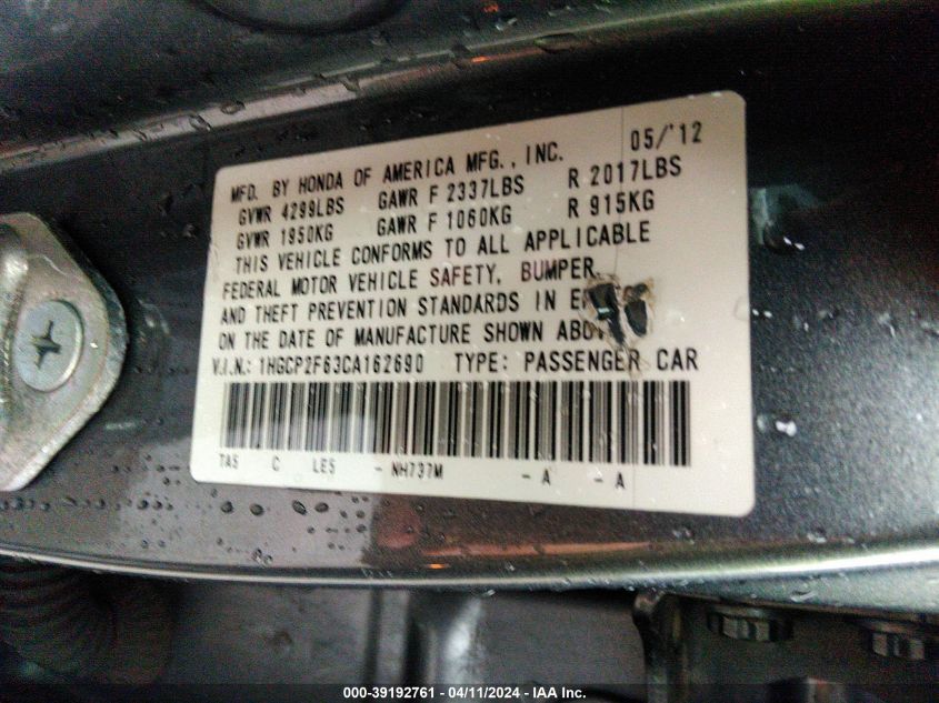 1HGCP2F63CA162690 | 2012 HONDA ACCORD