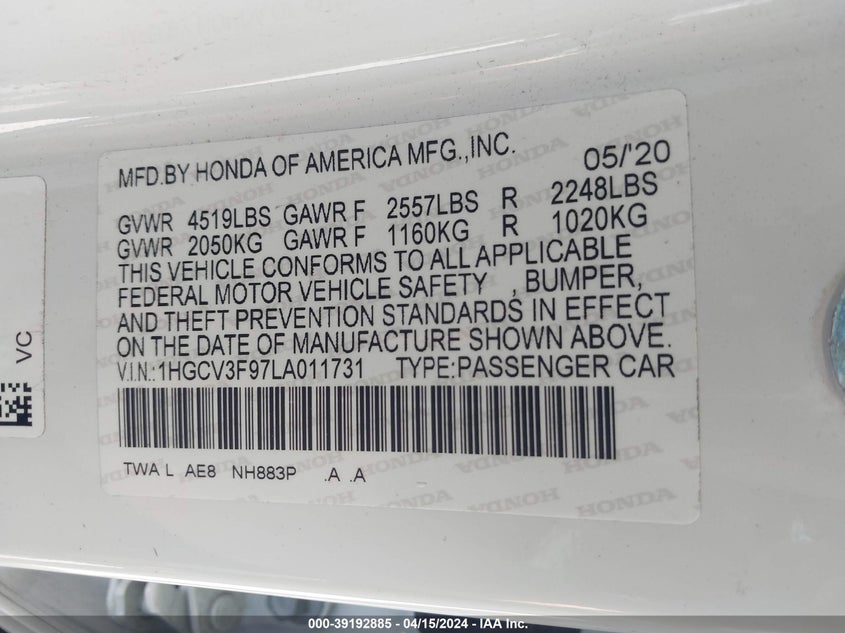 VIN 1HGCV3F97LA011731 2020 HONDA ACCORD HYBRID TOURING