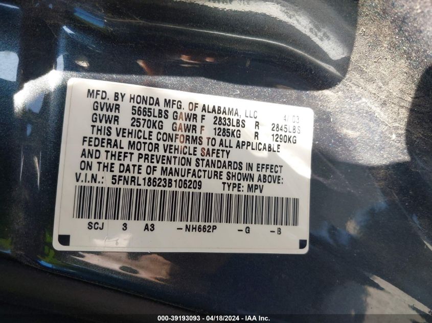 2003 Honda Odyssey Ex VIN: 5FNRL18623B106209 Lot: 39193093