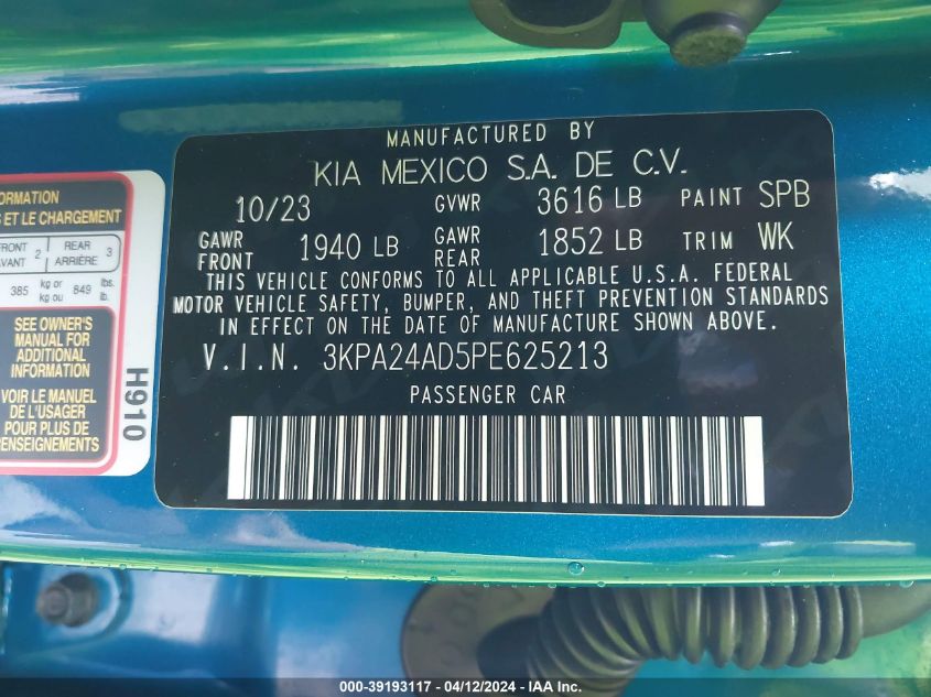 3KPA24AD5PE625213 | 2023 KIA RIO