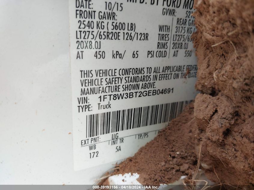 2016 Ford F-350 Lariat VIN: 1FT8W3BT2GEB04691 Lot: 39193156