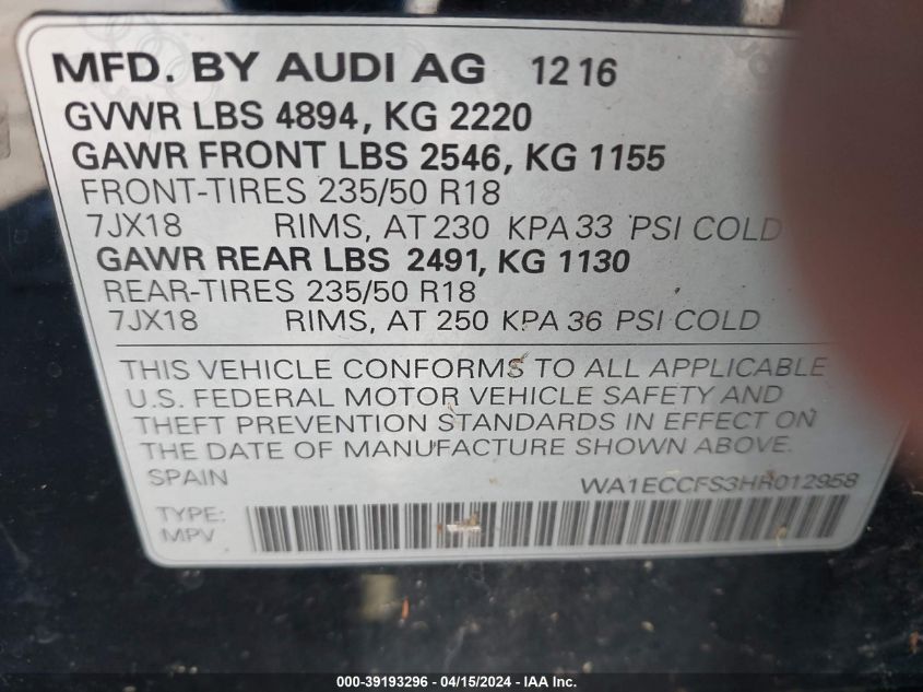 WA1ECCFS3HR012958 2017 Audi Q3 2.0T Premium