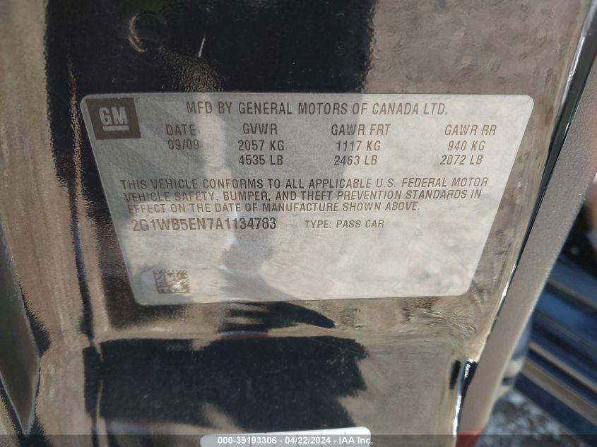 2010 Chevrolet Impala Lt VIN: 2G1WB5EN7A1134783 Lot: 39193306