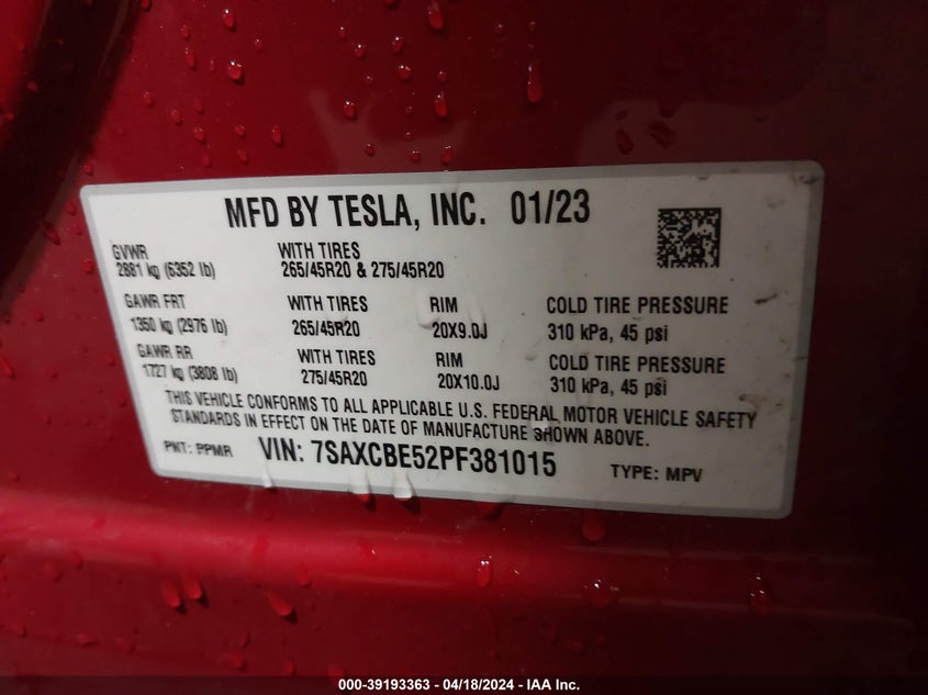 VIN 7SAXCBE52PF381015 2023 TESLA MODEL X DUAL MOTOR ALL-WHEEL DRIVE/STANDARD RANGE