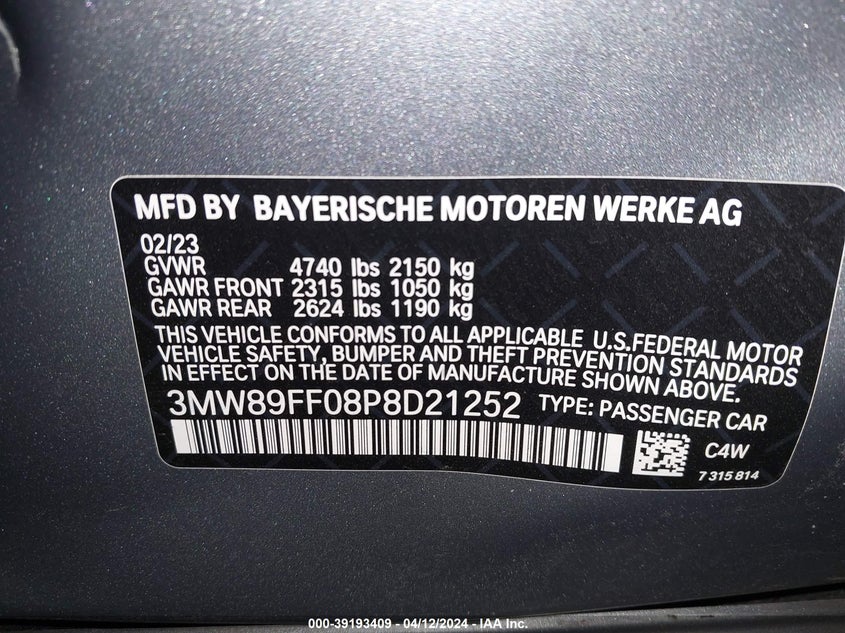 2023 BMW 330I VIN: 3MW89FF08P8D21252