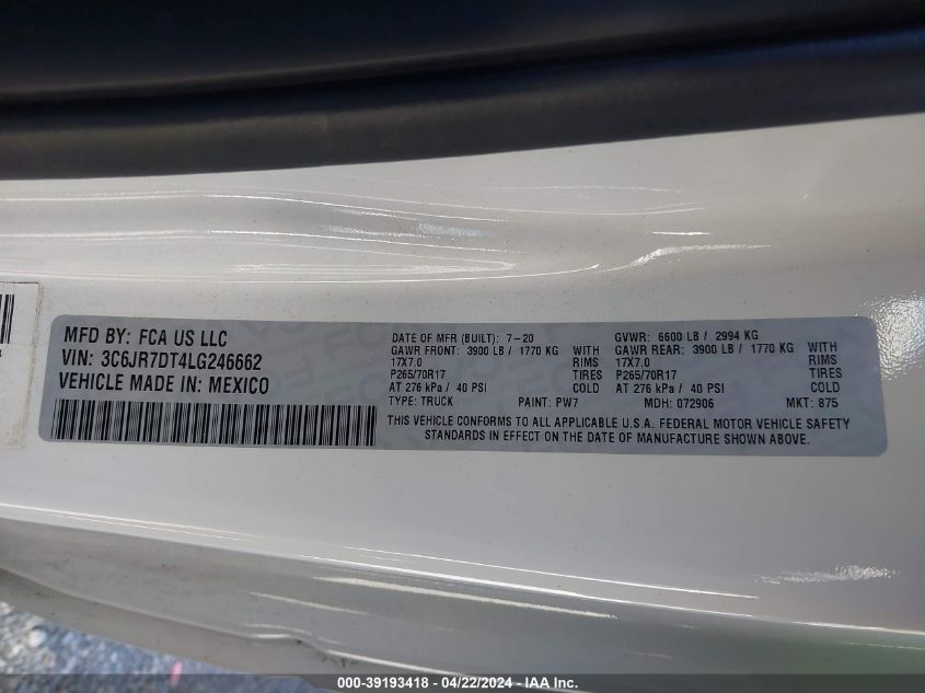 2020 Ram 1500 Classic Tradesman Regular Cab 4X4 8' Box VIN: 3C6JR7DT4LG246662 Lot: 39193418