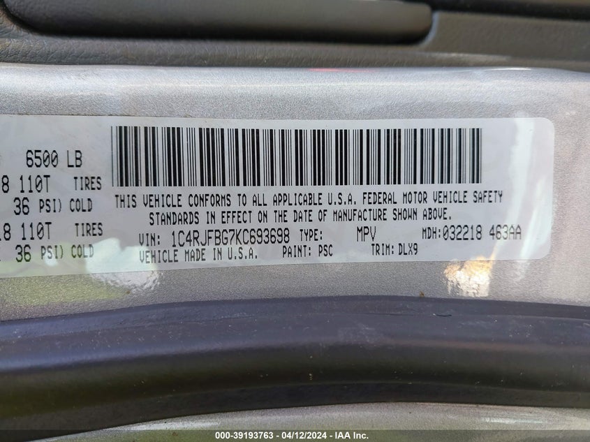 2019 JEEP GRAND CHEROKEE LIMITED 4X4 - 1C4RJFBG7KC693698